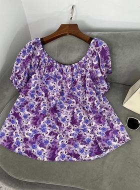 【花滿林】紫色碎花松紧领口一字肩两穿短袖上衣6839