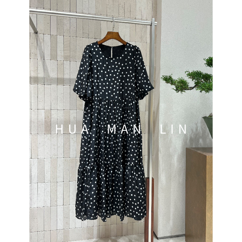 花滿林圆领泡泡袖波点印花双绉桑蚕丝连衣裙262669