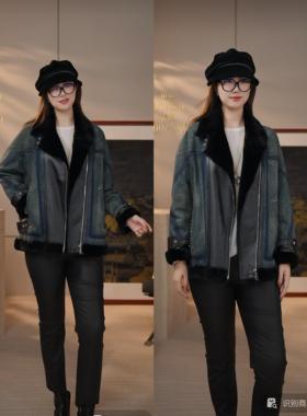 【花满林】斜拉链填充物鹅绒牛仔拼接绵羊皮皮毛一体外套69655