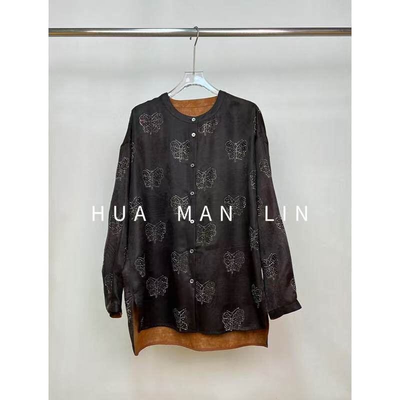 花滿林上久楷圆领正门襟烫钻蝴蝶香云纱真丝桑蚕丝长袖上衣258237
