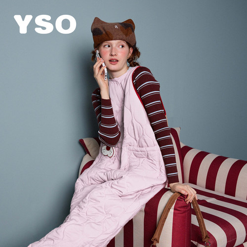 yso【酷猫系列】睡衣女秋冬新款工装夹棉背心款连体家居服连体衣D