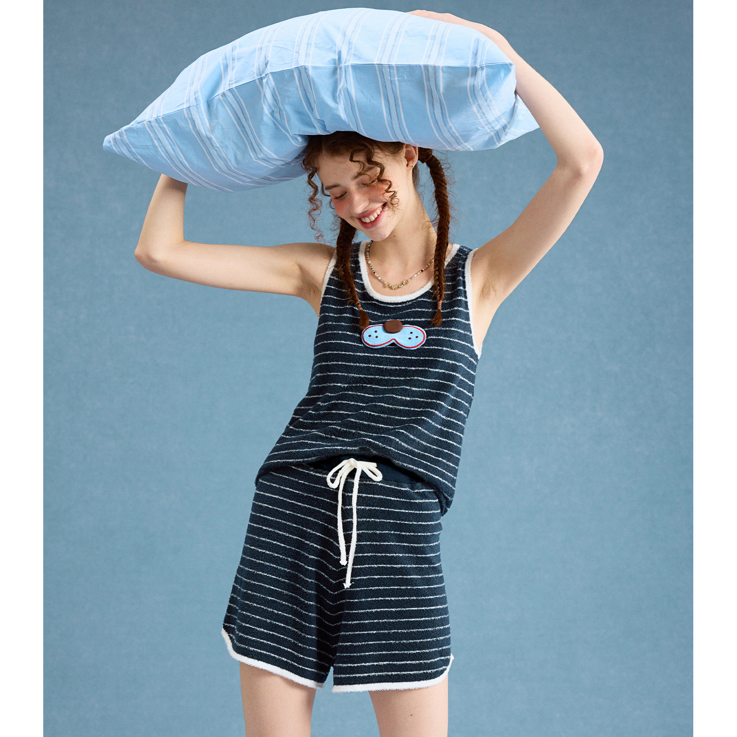 yso【酷猫系列】睡衣女夏条纹吊带休闲居家短裤可外穿家居服套装B