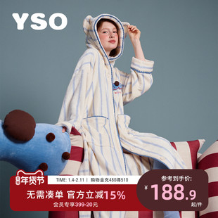 yso【酷猫系列】睡衣女冬法兰绒连帽睡袍珊瑚绒加厚卡通家居保暖D