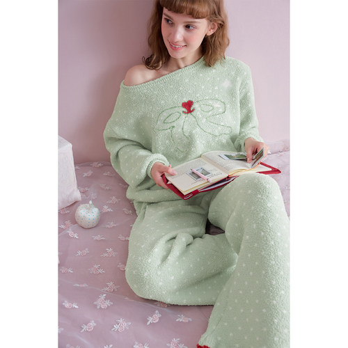 yso【礼物系列】睡衣女冬季半边绒蝴蝶结甜美风可外穿家居服套装D