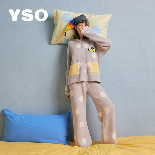 yso【酷猫系列】睡衣女冬季半边绒加厚保暖卡通两件套家居服套装D