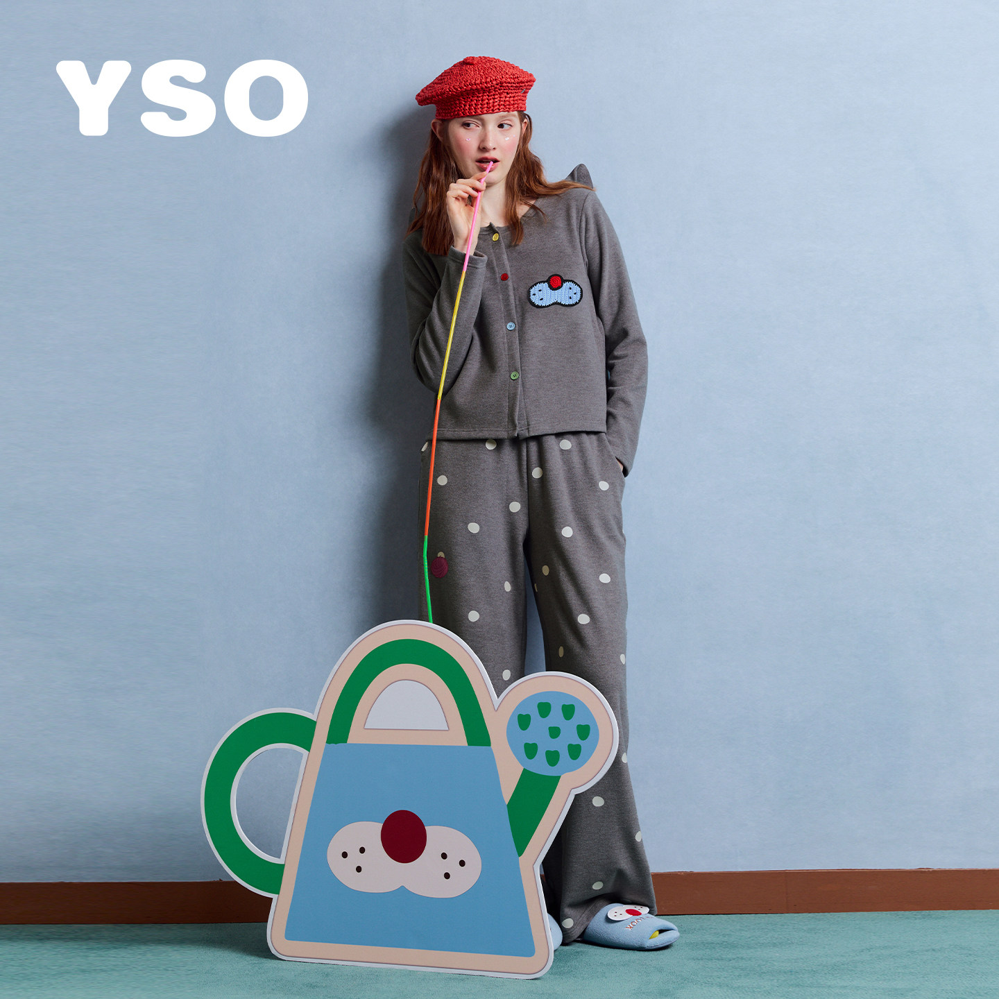 yso【酷猫系列】睡衣女26秋冬新款仿德绒波点柔软外穿家居服套装C