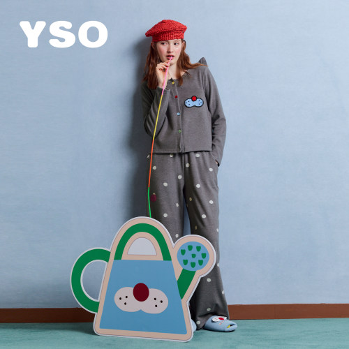 yso【酷猫系列】睡衣女26秋冬新款仿德绒波点柔软外穿家居服套装C