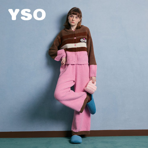 yso【酷猫系列】睡衣女冬季半边绒抹胸三件套保暖亲肤家居服套装D