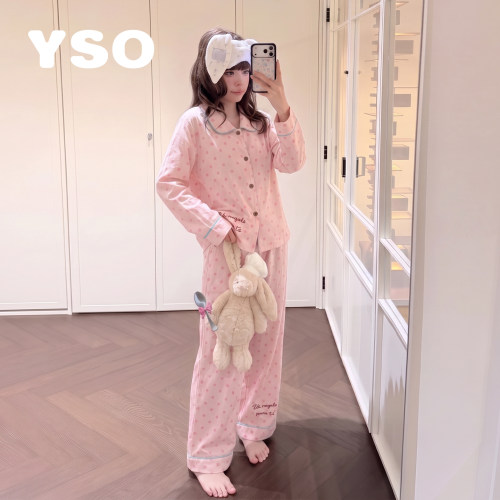 yso【礼物系列】睡衣女春秋纯棉双层纱波点翻领两件套家居服套装G