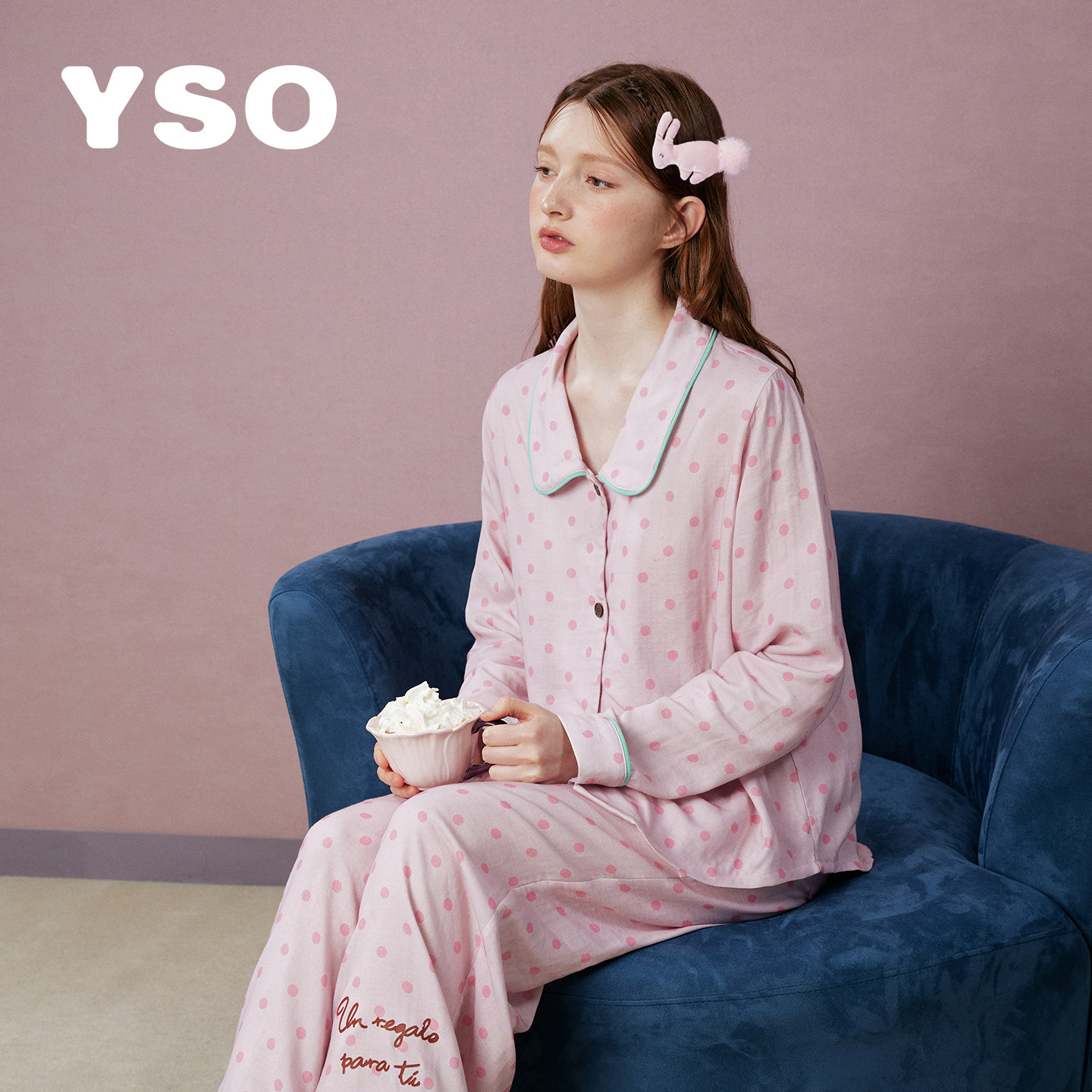 yso【礼物系列】睡衣女春秋纯棉双层纱波点翻领两件套家居服套装C