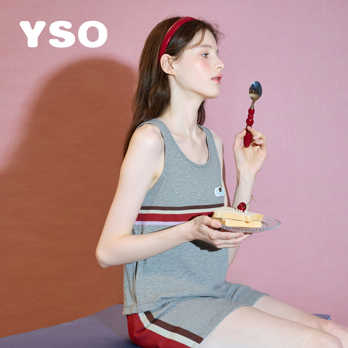yso【酷猫系列】睡衣女夏季无袖短裤条纹运动可外穿家居服套装B