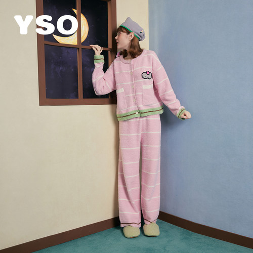 yso【酷猫系列】睡衣女秋冬半边绒加厚保暖卡通小香风家居服套装D