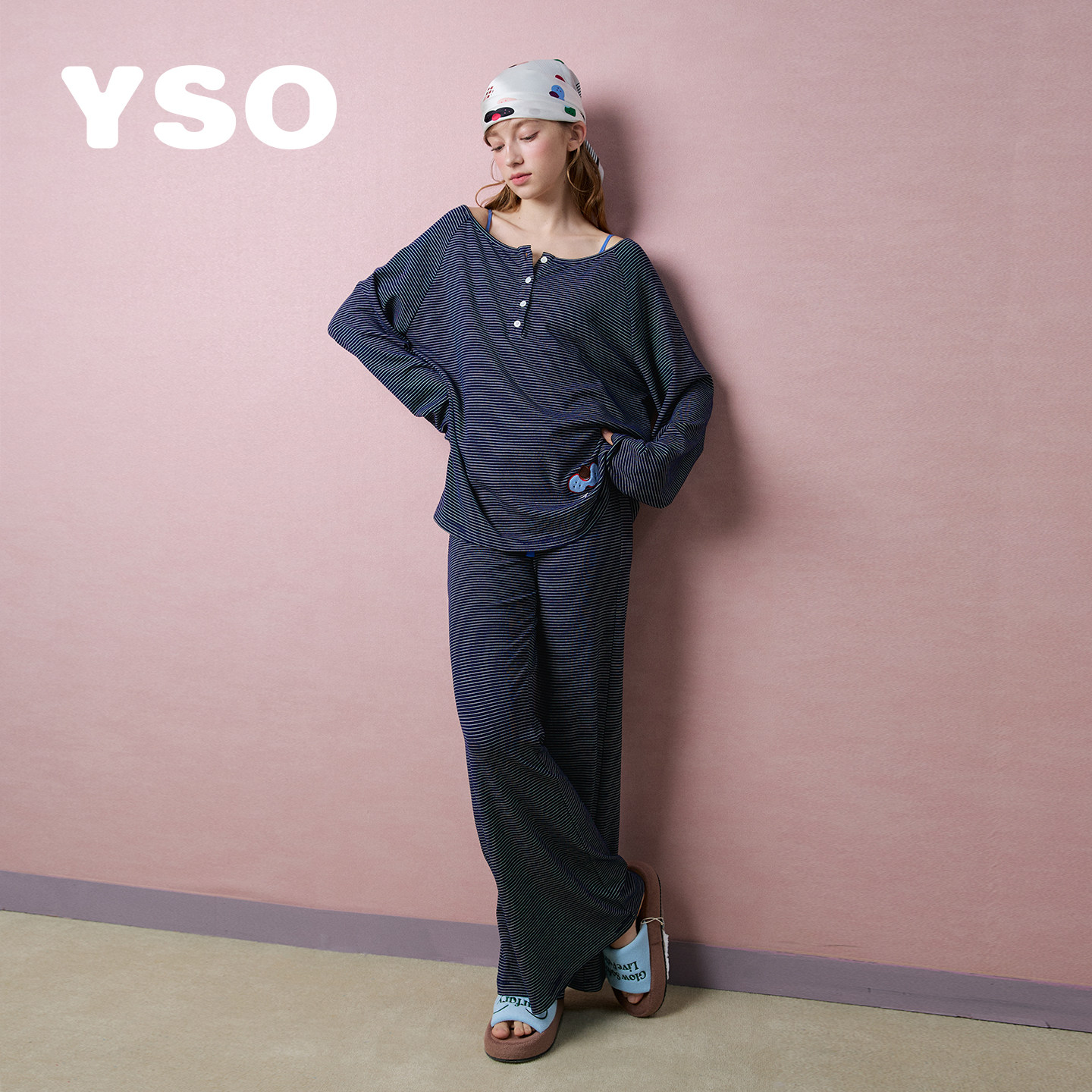 yso【酷猫系列】睡衣女春夏新款条纹长袖松弛感亲肤家居服套装A图片