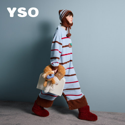 yso【酷猫系列】睡衣女条纹连体半边绒秋冬加厚保暖家居服套装D