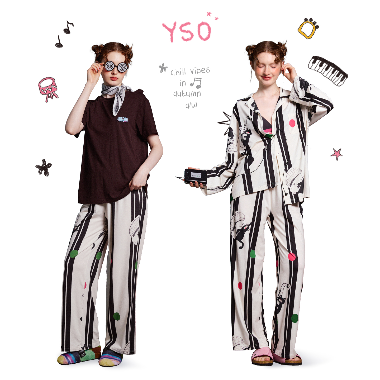 yso【酷猫系列】睡衣女春秋新款黑白条纹满印酷猫翻领家居服套装C