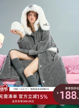 yso【礼物系列】灰色睡袍女冬款加绒睡衣女甜美兔子浴袍可外穿D