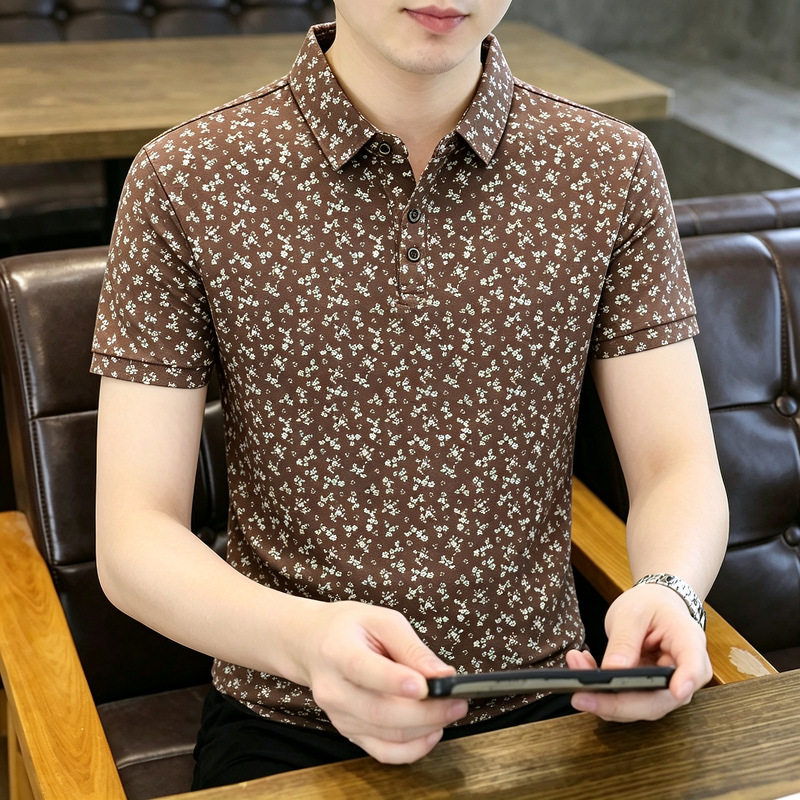 【下单立减一百】高档轻奢夏季新款男士休闲时尚印花翻领透气短袖