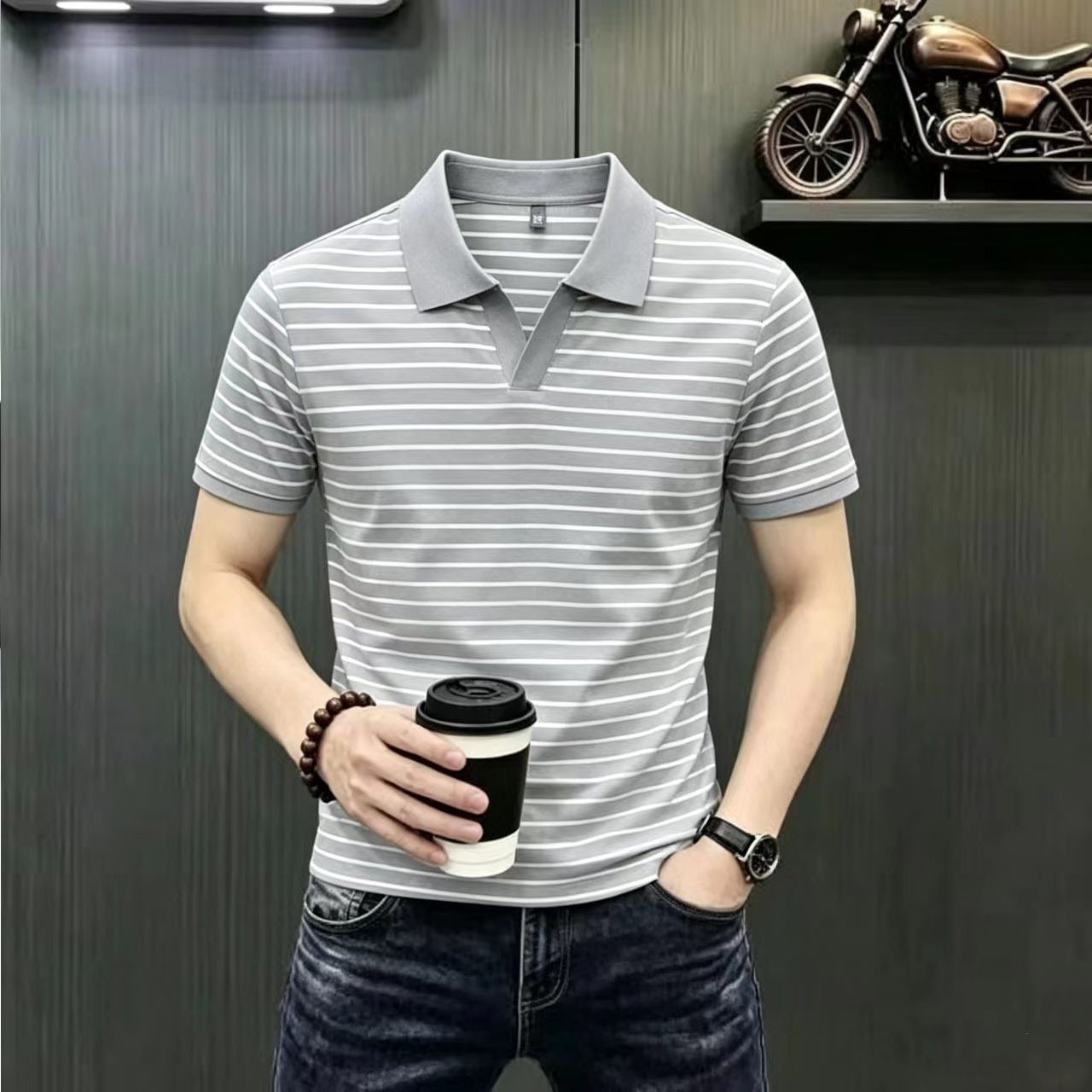 【下单立减一百】条纹翻领短袖Polo衫夏装新款海鸥领体恤男士体恤