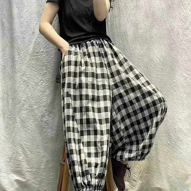 2025新款夏季复古风格子棉麻休闲裤时尚设计感宽松大码九分裤子女