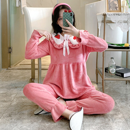 睡衣女冬珊瑚绒加绒加厚可爱公主风爱心草莓娃娃领舒适亲肤家居服