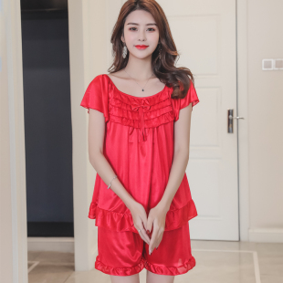 家居服套装 夏季 休闲圆领女士丝绸短袖 短裤 女 睡衣女冰丝红色无袖