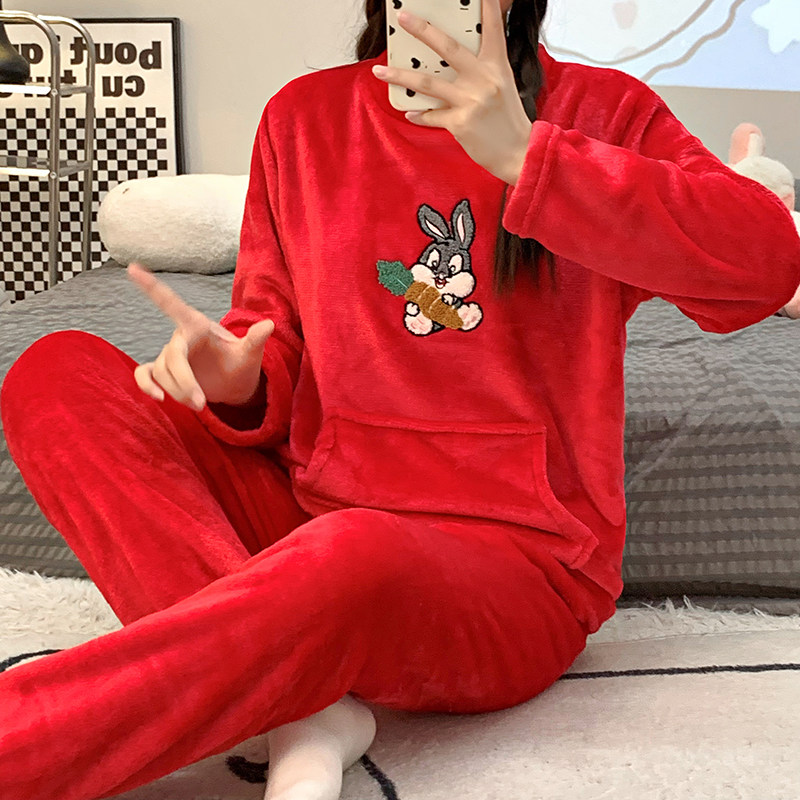秋冬季珊瑚绒睡衣女套装保暖加厚红色小个子口袋大码可外穿家居服