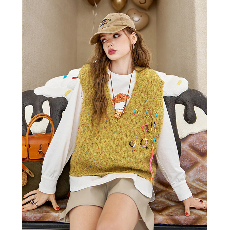 妖精的复古叠穿针织v领马甲背心女2025年秋季新款慵懒风坎肩
