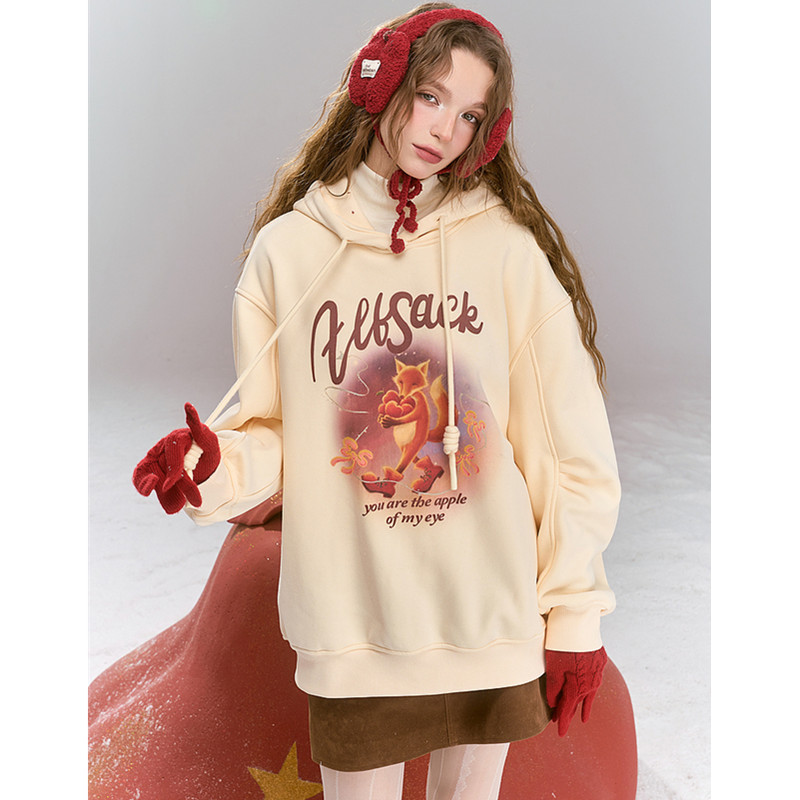 妖精的印花连帽加绒卫衣女2025年冬季新款慵懒风宽松休闲上衣