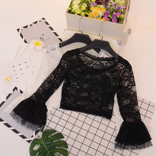 透视洋气七7分喇叭中袖半截身蕾丝打底衫短款女装镂空花内搭上衣