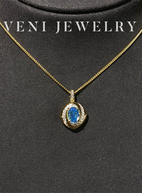 Veni珠宝 回忆西海岸 培育海蓝宝项链吊坠925银镀18K金百搭女N06