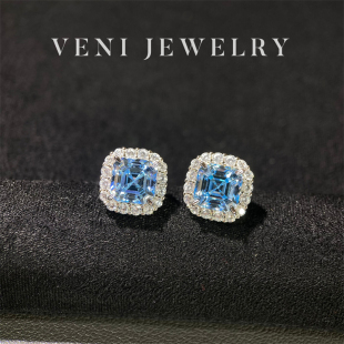 Veni珠宝 培育海蓝宝耳钉微镶满钻耳饰耳环甜美百搭E41 圣玛利亚