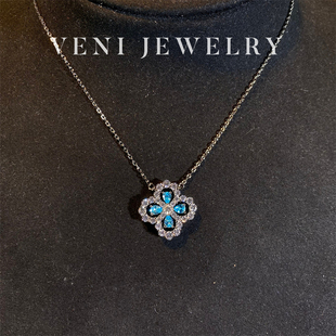 925银镀18K金N32 培育蓝钻黄钻石项链四叶草经典 Veni珠宝 小确幸