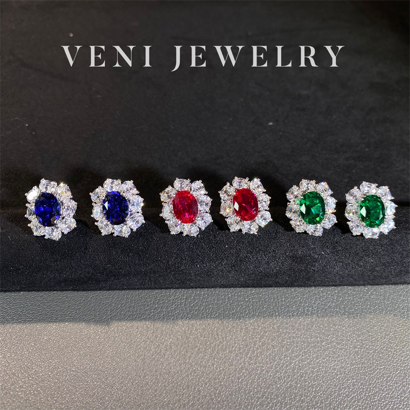 Veni珠宝 费尔南德 培育红宝石蓝宝石耳钉耳饰925银镀18K金女E52