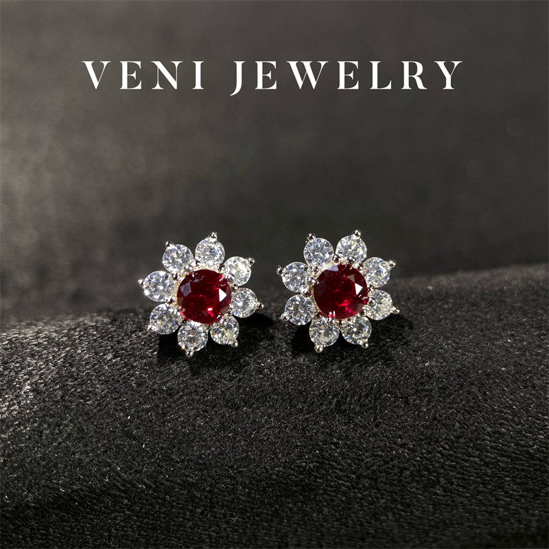 Veni珠宝 樱桃慕斯 培育红宝石耳钉50分太阳花精致18K微镶显白E15,饰品/流行首饰/时尚饰品新,耳钉,淘宝优惠券,粉丝福利购,淘宝优惠卷