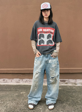 ARROW UP 26SS水洗做旧泼墨直筒蓝色牛仔裤 BLUE JEANS