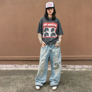 ARROW UP 26SS水洗做旧泼墨直筒蓝色牛仔裤 BLUE JEANS