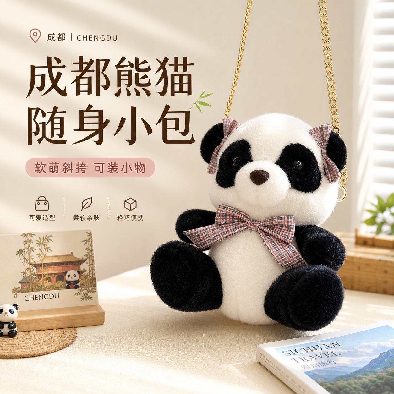 成都纪念品毛绒大熊猫小包包可爱斜挎包女童玩偶零钱包生日礼物
