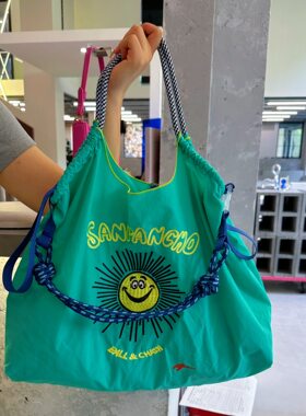 日系ball chain刺绣绿色太阳笑脸环保袋帆布购物袋通勤包女