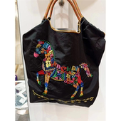 日本ball chain刺绣花朵马环保袋帆布斜挎夏天购物袋大容量通勤包