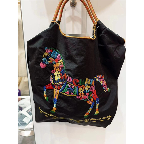 日本ball chain刺绣花朵马环保袋帆布斜挎夏天购物袋大容量通勤包