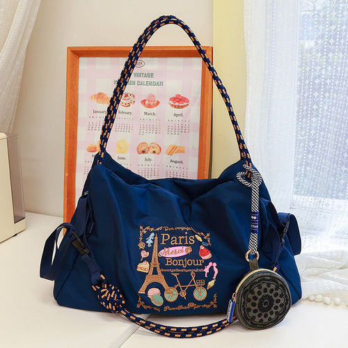 日系ball chain刺绣巴黎环保旅行袋斜挎帆布通勤单肩行李包大容量