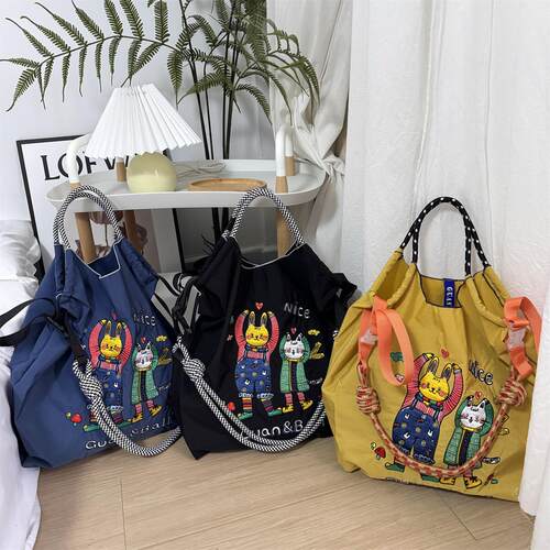 日系ball chain刺绣兔子与猫环保袋小众帆布手提购物袋通勤包女包