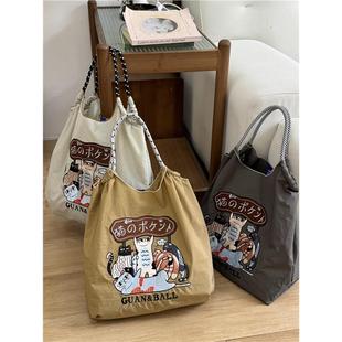 日系刺绣幸福猫环保购物袋帆布包2024新款 chain 大容量通勤包ball