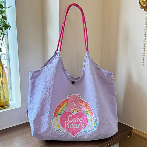 Carebears彩虹爱心熊刺绣购物环保袋帆布包女2025单肩托特通勤包
