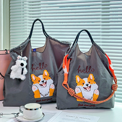 日系ball chain刺绣灰色柯基狗环保袋帆布折叠购物袋大容量通勤包