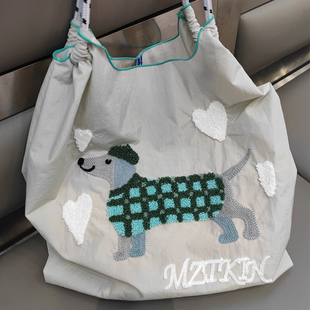 日系刺绣动物小狗环保袋帆布手提购物袋上班通勤斜挎包ball chain