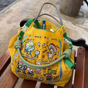 日系ball chain刺绣黄色虚拟环保购物袋斜挎帆布包2025单肩通勤包