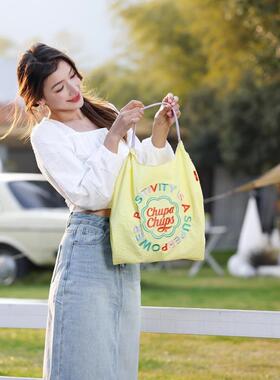 单肩款珍宝珠字母彩虹通勤刺绣ballchain包环保黄色购物袋帆布包