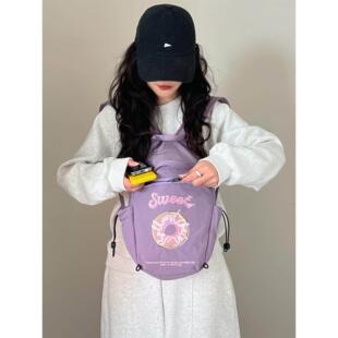 Ball Chain刺绣紫甜甜圈尼龙防水双肩包女大容量通勤帆布背包书包