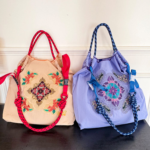 日系ball chain刺绣芙蓉花环保购物袋斜挎帆布包大容量单肩通勤包